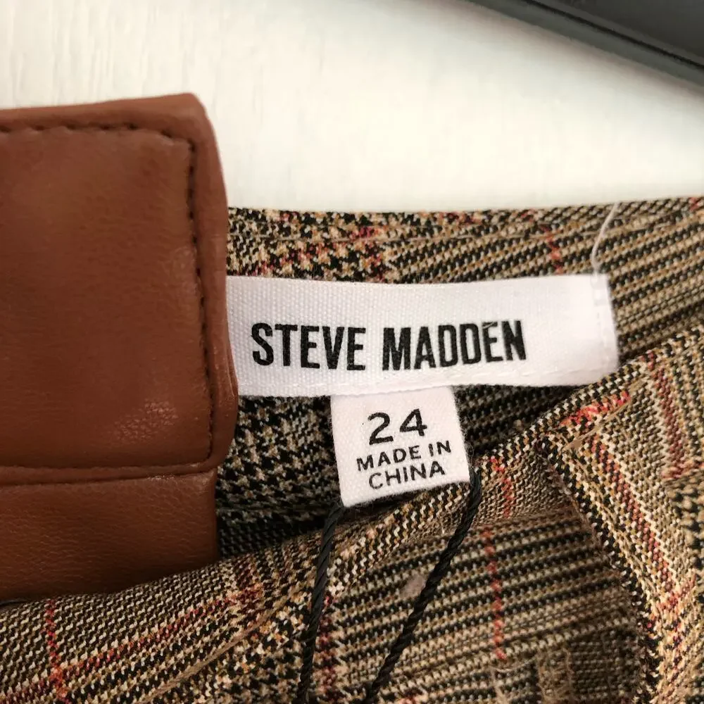 Steve Madden BM303285 Split Faux Leather Plaid Straight Leg Pants Brown Size‎ 24